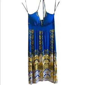 Halter dress with built in padding in a blue/yellow/white print - size small